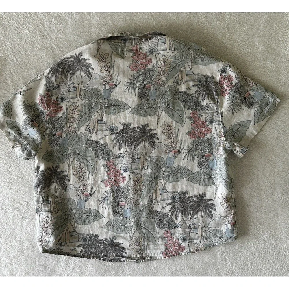 C&C California 100% Linen Top Hawaiian Tropical Cropped Boxy Beachy Size L - Picture 3 of 9